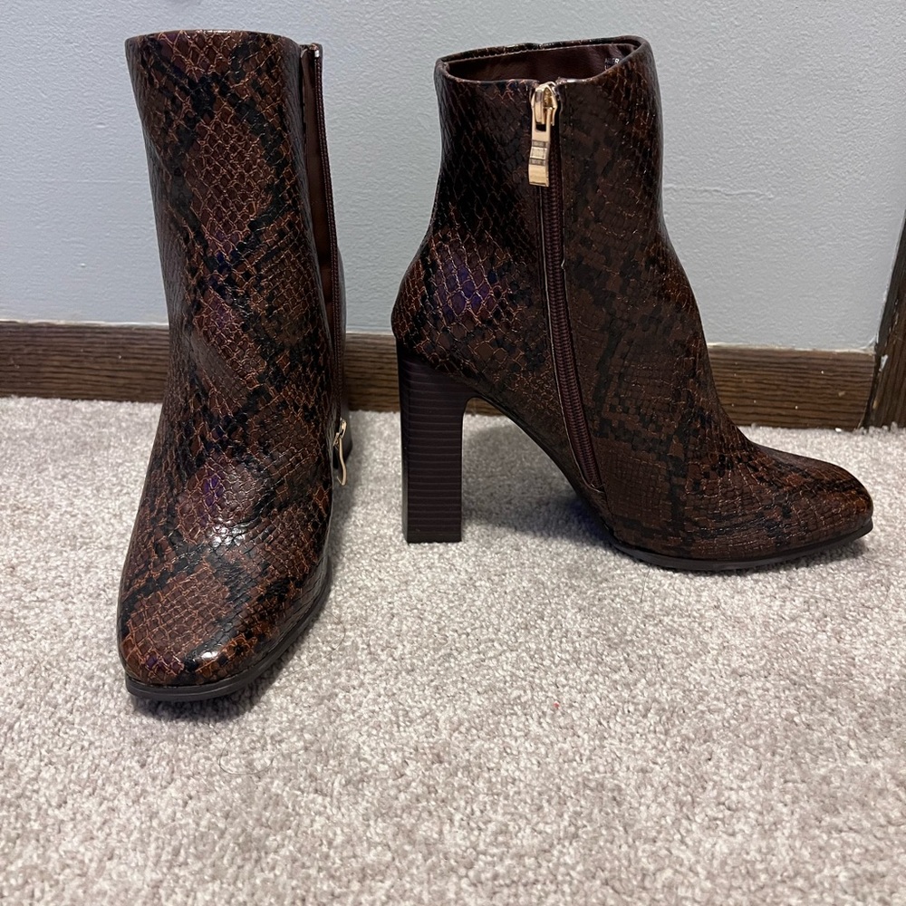 Brown snake print booties